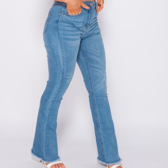 High Waist Frayed Hem Skinny Flare Denim Jeans - Picture 3 of 8